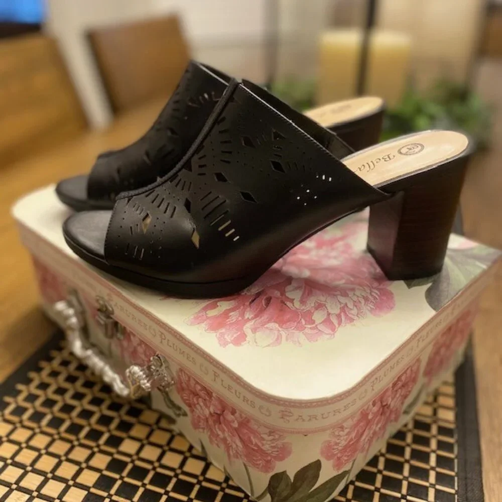 BELLA VITA Leather Laser Cut Peep Toe Slide Heels